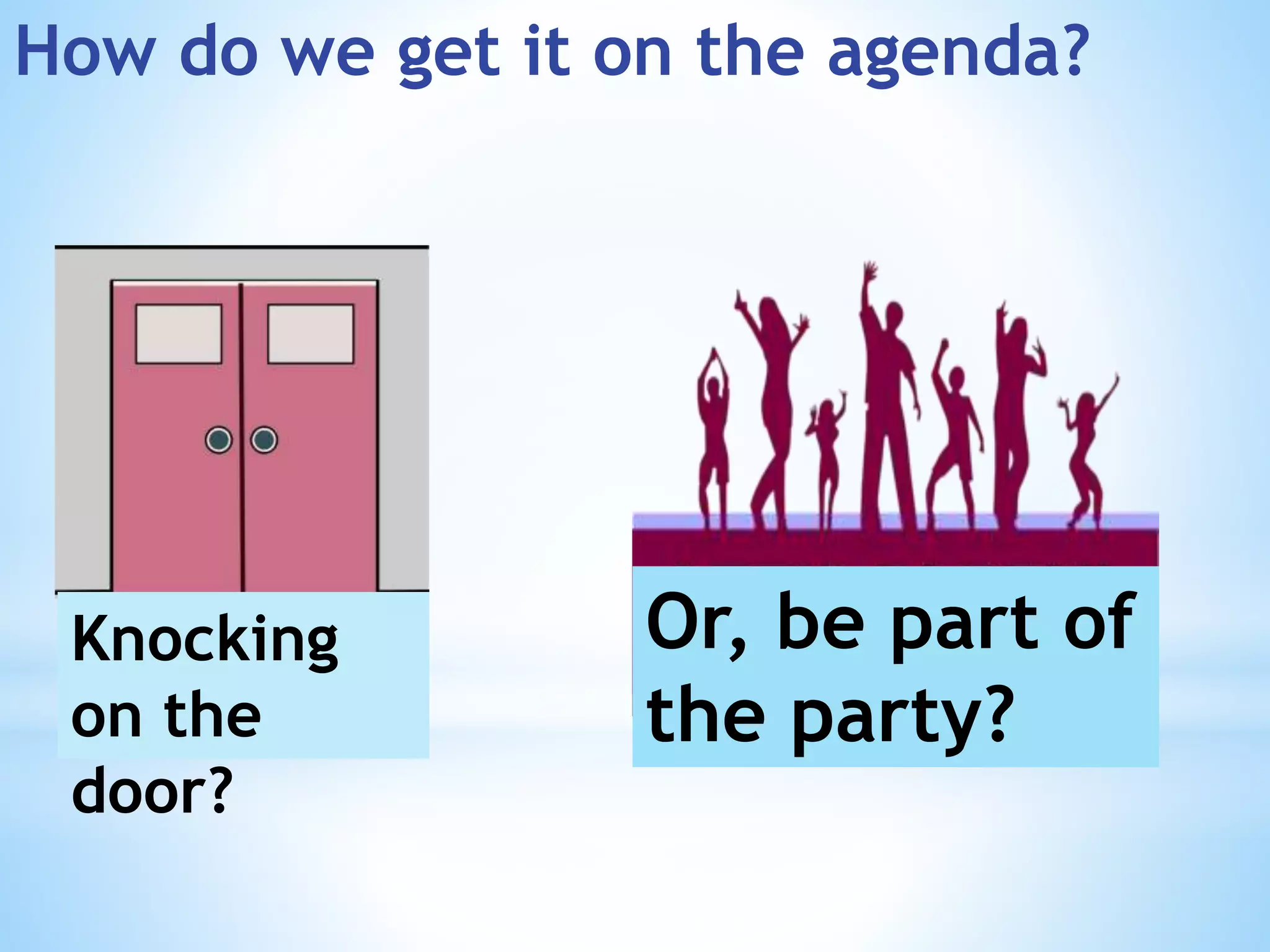 Knocking
on the
door?
Or, be part of
the party?
How do we get it on the agenda?
 