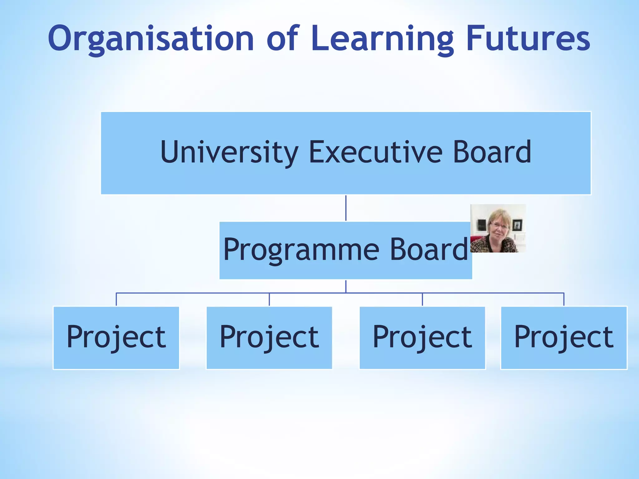 University Executive Board
Programme Board
Project Project Project Project
Organisation of Learning Futures
 