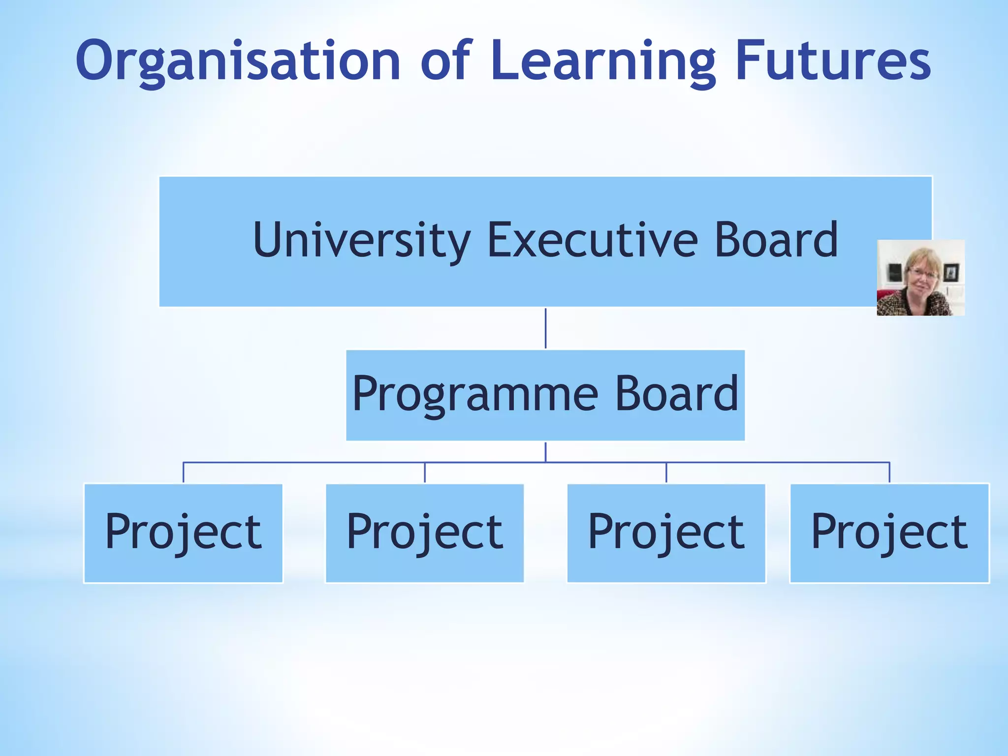 University Executive Board
Programme Board
Project Project Project Project
Organisation of Learning Futures
 