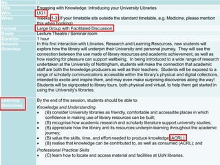 3/31/2016 Event Name and Venue 6
No. 1
Title Engaging with Knowledge: Introducing your University Libraries
Who UG1
When Weeks 1-3 (If your timetable sits outside the standard timetable, e.g. Medicine, please mention
this when booking)
Format Large Group with Facilitated Discussion
Room Lecture Theatre / Seminar room
Duration 1 hour
Session
Overview
In this first interaction with Libraries, Research and Learning Resources, new students will
explore how the library will underpin their University and personal journey. They will see the
connection between the use made of library resources and academic achievement, as well as
how reading for pleasure can support wellbeing. In being introduced to a wide range of research
undertaken at the University of Nottingham, students will make the connection that academic
staff are both the knowledge producers as well as their teachers. Students will be exposed to a
range of scholarly communications accessible within the library’s physical and digital collections,
intended to excite and inspire them, and may even make surprising discoveries along the way!
Students will be signposted to library tours, both physical and virtual, to help them get started in
using the University’s libraries.
Learning
Outcomes
By the end of the session, students should be able to:
Knowledge and Understanding
 (B) consider University libraries as friendly, comfortable and accessible places in which
confidence in making use of library resources can be built;
 (B) recognise how academic research and scholarly literature support university studies;
 (B) appreciate how the library and its resources underpin learning throughout the academic
journey;
 (B) value the skills, time, and effort needed to produce knowledge (ACRL);
 (B) realise that knowledge can be contributed to, as well as consumed (ACRL); and
Professional Practical Skills
 (C) learn how to locate and access material and facilities at UoN libraries.
 