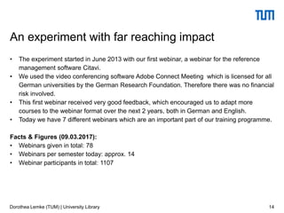 • The experiment started in June 2013 with our first webinar, a webinar for the reference
management software Citavi.
• We used the video conferencing software Adobe Connect Meeting which is licensed for all
German universities by the German Research Foundation. Therefore there was no financial
risk involved.
• This first webinar received very good feedback, which encouraged us to adapt more
courses to the webinar format over the next 2 years, both in German and English.
• Today we have 7 different webinars which are an important part of our training programme.
Facts & Figures (09.03.2017):
• Webinars given in total: 78
• Webinars per semester today: approx. 14
• Webinar participants in total: 1107
14
An experiment with far reaching impact
Dorothea Lemke (TUM) | University Library
 