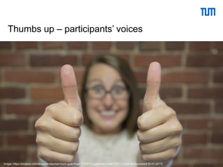 Dorothea Lemke (TUM) | University Library
Thumbs up – participants’ voices
Image: https://pixabay.com/de/geste-daumen-hoch-gute-finger-772977/, published under CC0 1.0 license [Accessed 30.01.2017]
 