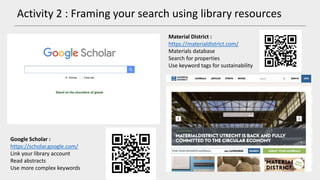 Material District :
https://materialdistrict.com/
Materials database
Search for properties
Use keyword tags for sustainabi...