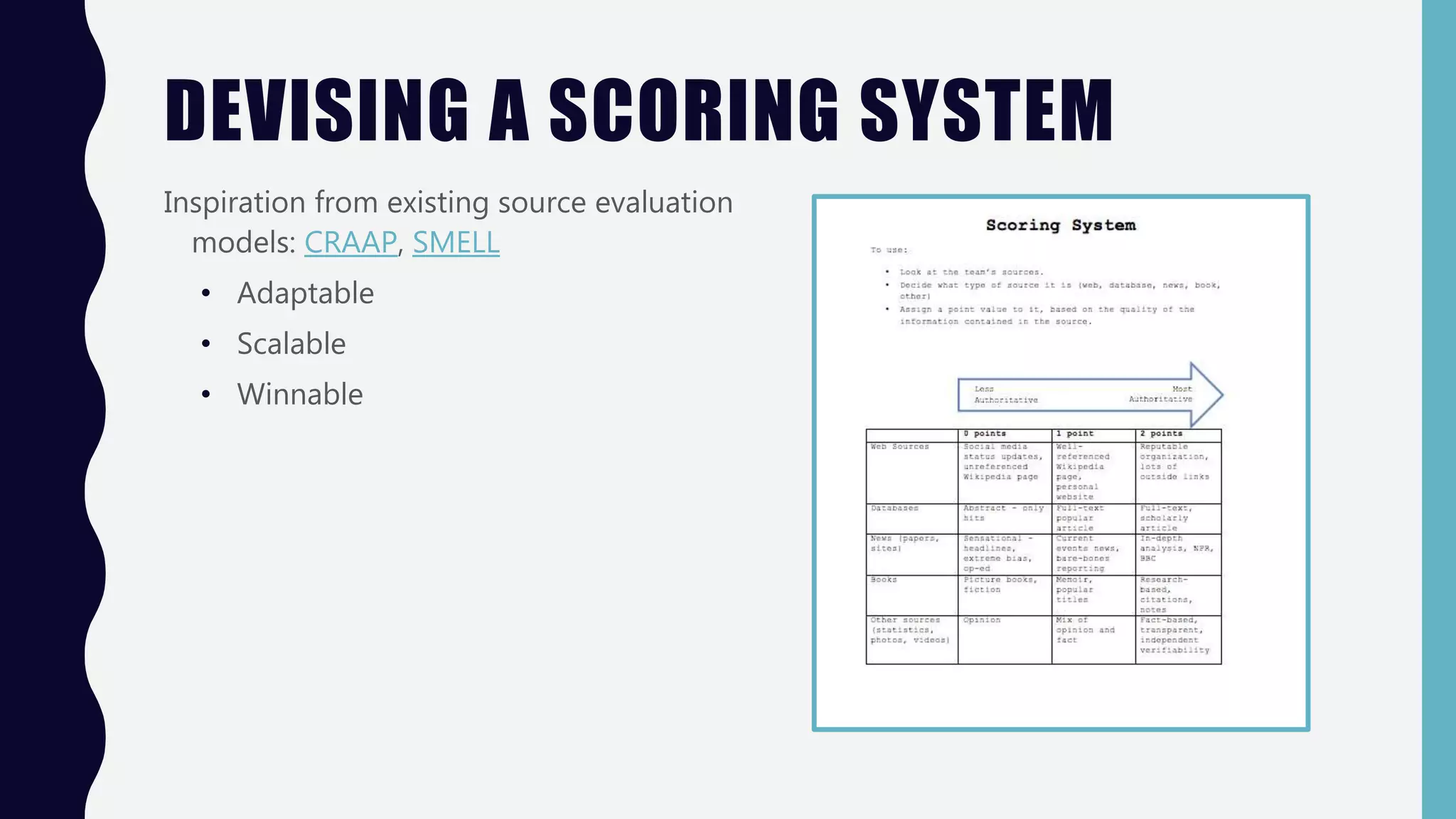 DEVISING A SCORING SYSTEM
Inspiration from existing source evaluation
models: CRAAP, SMELL
• Adaptable
• Scalable
• Winnable
 
