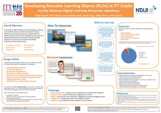 Developing Reusable Learning Objects (RLOs) at ITT Dublin
                                                                          via the National Digital Learning Resources repository
                                                                    Philip Russell, ITTD Library, Gerard Ryder, Dept. Mech. Eng., Gillian Kerins, ITTD Library

                                                                                                                                                                   What our users say:
  Aims & Objectives                                                                      How To resources:                                                                                                             Evaluation
                                                                                                                                                                               “Great tutorial - very good
                                                                                                                                                                           explanation of plagiarism and how
                                                                                                                                                                                                                       Mechanisms used to measure effectiveness of learning objects
  To develop reusable teaching and learning objects covering                                                                                                                to avoid it. Thought the quiz was          include:
  core academic skills; to enhance the student learning                                                                                                                     very useful - meant I could check
                                                                                                                                                                            that I understood the material in          •     Informal feedback
  experience and provide learners with opportunities to                                                                                                                            the tutorial – thanks”              •     Library website (Google Analytics)
  develop, reflect and assess their progress as they acquire an                                                                                                                 2 nd year Science student
                                                                                                                                                                                                                       •     Moodle (Institute VLE)
  independent approach to learning; to facilitate student                                                                                                                                                              •     Online survey tool (SurveyGizmo)
  transition from second to third level and develop                                                                                                                                                                    •     NDLR Website
  information literacy. RLOs include:                                                                                                                                       “This tutorial is an extremely             Since September 2010 when the first RLO was launched, the tutorials have achieved nearly 3,300
                                                                                                                                                                           useful resource for my business             completions with over 2,260 students providing online feedback via SurveyGizmo.
                                                                                                                                                                            students. I will also add to my
      Academic research                     Writing skills                                                                                                                  teaching on Moodle. Thanks”
                                                                                                                                                                                                                                                                               RLOs Usage Stats. Sep 2010 - Mar 2012
                                                                                                                                                                                   Business lecturer
      Study skills                          Grammar                                                                                                                                                                                    7%
                                                                                                                                                                                                                                                 3%
                                                                                                                                                                                                                                                       1%


      Plagiarism                            Referencing
                                                                                                                                                                                                                                                                                        Undergraduate
                                                                                                                                                                              “I felt the library tutorial was a
                                                                                                                                                                               great way to find out how to                                                                             Postgraduate
                                                                                                                                                                               organize and apply the skills                                                                            Academic

                                                                                        Reinvent resources:                                                                 necessary in order to complete a
                                                                                                                                                                           literature review. Very easy to use
                                                                                                                                                                                                                                                                                        Support staff / other

  Design of RLOs                                                                                                                                                                       and very helpful”
                                                                                                                                                                                3rd year Humanities student                                                               89%
  In designing and developing the RLOs the team considered the needs
  of a range of learning styles and agreed on the following:                                                                                                                                                                                                                        Total Completions: 3,294

                                                                                                                                                                           “The study techniques and essay
  •   Sound pedagogical principles                                                                                                                                          and report writing tutorial has
                                                                                                                                                                            hopefully improved my English
  •   Constructivist approach                                                                                                                                                writing and report structure”
  •   An active learning experience                                                                                                                                          1st year Engineering student

  •   An element of reflective learning                                                                                                                                                                            Future Directions
  •   Requirement for critical thinking and problem solving                                                                                                                                                        •    Additional funding via the NDLR will facilitate delivery of new RLOs
  •   Elements requiring collaboration between students                                                                                                                                                            •    Embed tutorial into further academic modules
                                                                                                                                                                                                                   •    Increase collaboration with teaching staff
  •   Engaging, interactive content                                                                                                                                                                                •    Tutorials integrated into new Learning to Learn Module – September 2012
  •   Available 24/7 as self paced online resources                                                                                                                                                                •    Include audio and tutorial translation
                                                                                                                                                                                                                   •    Ongoing staff training / skills development
                                                                                                                                                                                                                   •    Seek funding for further software provision
                                                                                                                                                                                                                   •     Ongoing development and evaluation of existing tutorials
  The interactive software Articulate Studio 9 was chosen to produce high                                                                                                                                          •     Interact and collaborate nationally and internationally
  quality digital material. This software facilitates rapid e-learning development
  and the creation of engaging courses, presentations and quizzes.
                                                                                          Challenges
  It was intended that the learning objects would:                                          •   Time Commitments – creating resources dependent on student/staff availability
                                                                                            •   Technical issues – audio and training, managing version control
                                                                                                                                                                                                                   References
  •   Be SCORM 1.2 compliant                                                                                                                                                                                       Allen, M. (2008) Promoting critical thinking skills in online information literacy instruction using a constructivist approach.
  •   Adhere to best practice international accessibility guidelines                        •   Design – ensuring tools were interactive, engaging and meeting pedagogical needs                                   College and Undergraduate Libraries.15(1-2), pp. 21-38.
                                                                                                                                                                                                                   Crede M. Kuncel N. R. (2008) Study habits, skills and attitudes: the third pillar supporting collegiate academic performance,
  •   Be Reusable Learning Objects                                                          •   Collaboration – integrating tutorials into academic modules                                                        Perspectives on Psychological Science, Vol. 3, No. 6, pp425-453.
  •   Be hosted digitally via the ITT Dublin library website, the Institute’s virtual                                                                                                                              Entwistle N. J. Thompson J. Wilson J. D. (1974) Motivation and study habits, Higher Education, Vol. 3, No. 4, pp379-395.

      learning environment (Moodle) and the NDLR                                            •   Feedback – not all usage stats being captured at start of project                                                  Holden, C. (2003) From local challenges to a global community: Learning Repositories and the Global Repositories Summit.
                                                                                                                                                                                                                   Academic ADL Co-Lab.
                                                                                                                                                                                                                   O'Neill, G., Moore, S., McMullin, B. (2005) Emerging issues in the practice of university learning and teaching. Dublin: AISHE
                                                                                                                                                                                                                   publication.




The National Digital Learning Resources (NDLR) repository promotes and supports the sharing and creation of digital learning                           Institute of Technology Tallaght (ITT Dublin) is a higher education provider in South County Dublin. The Institute has over 4,600 students and
resources amongst the higher education academic community in Ireland. For more information, please go to www.ndlr.ie                                   offers a range of qualifications from Higher Certificate to Masters and Doctorate level across programmes in the areas of
                                                                                                                                                       Business, Computing, Engineering, Humanities and Science.
 