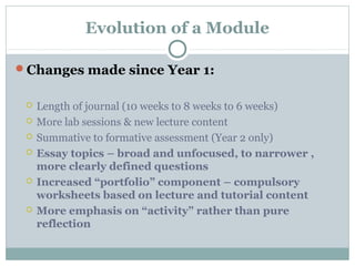 Evolution of a Module
Changes made since Year 1:
 Length of journal (10 weeks to 8 weeks to 6 weeks)
 More lab sessions & new lecture content
 Summative to formative assessment (Year 2 only)
 Essay topics – broad and unfocused, to narrower ,
more clearly defined questions
 Increased “portfolio” component – compulsory
worksheets based on lecture and tutorial content
 More emphasis on “activity” rather than pure
reflection
 