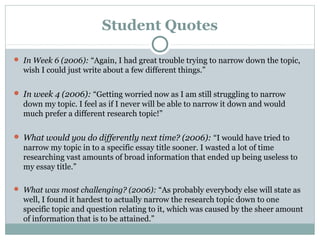 Student Quotes
 In Week 6 (2006): “Again, I had great trouble trying to narrow down the topic,
wish I could just write about a few different things.”
 In week 4 (2006): “Getting worried now as I am still struggling to narrow
down my topic. I feel as if I never will be able to narrow it down and would
much prefer a different research topic!”
 What would you do differently next time? (2006): “I would have tried to
narrow my topic in to a specific essay title sooner. I wasted a lot of time
researching vast amounts of broad information that ended up being useless to
my essay title.”
 What was most challenging? (2006): “As probably everybody else will state as
well, I found it hardest to actually narrow the research topic down to one
specific topic and question relating to it, which was caused by the sheer amount
of information that is to be attained.”
 