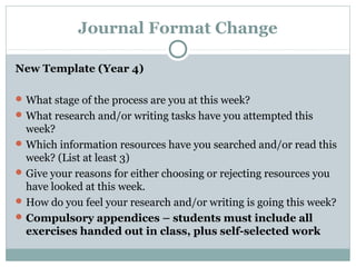 Journal Format Change
New Template (Year 4)
What stage of the process are you at this week?
What research and/or writing tasks have you attempted this
week?
Which information resources have you searched and/or read this
week? (List at least 3)
Give your reasons for either choosing or rejecting resources you
have looked at this week.
How do you feel your research and/or writing is going this week?
Compulsory appendices – students must include all
exercises handed out in class, plus self-selected work
 