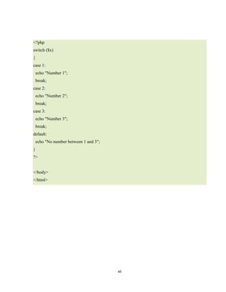 <?php
switch ($x)
{
case 1:
    echo "Number 1";
    break;
case 2:
    echo "Number 2";
    break;
case 3:
    echo "Number 3";
    break;
default:
    echo "No number between 1 and 3";
}
?>


</body>
</html>




                                        xli
 