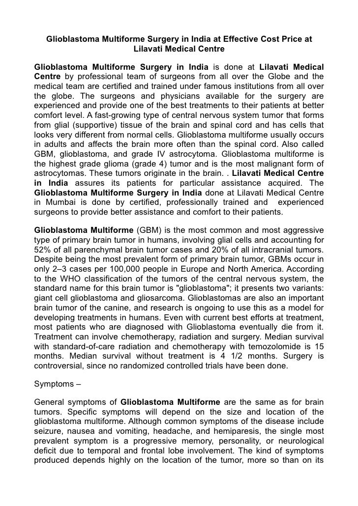 Glioblastoma Multiforme Surgery in India at Effective Cost Price at