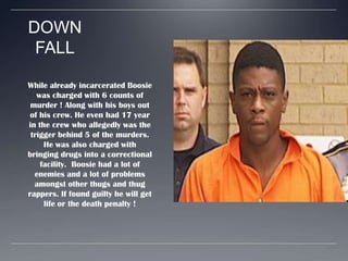 DOWNFALLWhile already incarcerated Boosie was charged with 6 counts of murder ! Along with his boys out of his crew. He even had 17 year in the crew who allegedly was the trigger behind 5 of the murders. He was also charged with bringing drugs into a correctional facility.  Boosie had a lot of enemies and a lot of problems amongst other thugs and thug rappers. If found guilty he will get life or the death penalty !