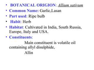 • BOTANICAL ORIGION: Allium sativum
• Common Name: Garlic,Lasan
• Part used: Ripe bulb
• Habit: Herb
• Habitat: Cultivated in India, South Russia,
Europe, Italy and USA.
• Constituents:
Main constituent is volatile oil
containing allyl disulphide,
Allin
 