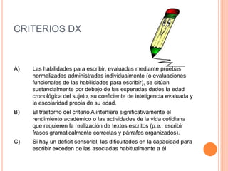 CRITERIOS DX



A)   Las habilidades para escribir, evaluadas mediante pruebas
     normalizadas administradas individualmente (o evaluaciones
     funcionales de las habilidades para escribir), se sitúan
     sustancialmente por debajo de las esperadas dados la edad
     cronológica del sujeto, su coeficiente de inteligencia evaluada y
     la escolaridad propia de su edad.
B)   El trastorno del criterio A interfiere significativamente el
     rendimiento académico o las actividades de la vida cotidiana
     que requieren la realización de textos escritos (p.e., escribir
     frases gramaticalmente correctas y párrafos organizados).
C)   Si hay un déficit sensorial, las dificultades en la capacidad para
     escribir exceden de las asociadas habitualmente a él.
 