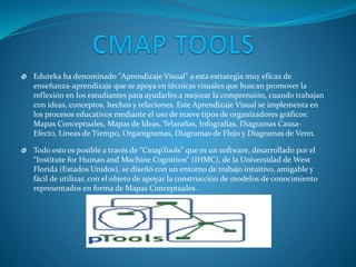 Eduteka ha denominado "Aprendizaje Visual" a esta estrategia muy eficaz de
enseñanza-aprendizaje que se apoya en técnicas visuales que buscan promover la
reflexión en los estudiantes para ayudarles a mejorar la comprensión, cuando trabajan
con ideas, conceptos, hechos y relaciones. Este Aprendizaje Visual se implementa en
los procesos educativos mediante el uso de nueve tipos de organizadores gráficos:
Mapas Conceptuales, Mapas de Ideas, Telarañas, Infografías, Diagramas Causa-
Efecto, Líneas de Tiempo, Organigramas, Diagramas de Flujo y Diagramas de Venn.
Todo esto es posible a través de “CmapTools” que es un software, desarrollado por el
“Institute for Human and Machine Cognition” (IHMC), de la Universidad de West
Florida (Estados Unidos), se diseñó con un entorno de trabajo intuitivo, amigable y
fácil de utilizar, con el objeto de apoyar la construcción de modelos de conocimiento
representados en forma de Mapas Conceptuales.
 