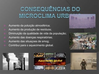  Aumento da poluição atmosférica;
 Aumento da produção de resíduos;
 Diminuição da qualidade de vida da população;
 Aumento das doenças respiratórias;
 Aumento das situaçoes de smog;
 Contribui para o aquecimento global.
 