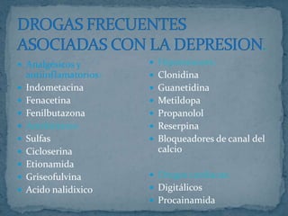 *DISTIMICA    TRANSTORNO NEUROTICOESTE SINDROME SE ORIGINA POR UNA DIVERSIDAD DE FACTORES  PUEDEN SER BIOLOGICOS,PSICOLOGICOS  Y SOCIALES.BIOQUIMICOS: LA ALTERACION DEL EQUILIBRIO BIOQUIMICO DESEMPEÑA UN  PAPEL FUNDAMENTAL ,  LAS MONOAMINAS  INVOLUCRADAS SON NORAADRENALINA, SEROTONINA, DOPAMINA Y FENILETILAMINA.FISIOPATOLOGICOS: EJ: ACV CUANDO EL DAÑO COMPROMETE EL LOBULO FRONTAL DEL HEMISFERIO IZQUIERDO, AUNQUE OTRAS LOCALIZACIONES TAMBIEN PUEDEN PRODUCIRLA.FARMACOS:PUEDEN CAUSAR DEPRESION LOS HIPOTENSORES, LA SUPRESION DE CIERTAS DROGAS COMO ANFETAMINAS PATOGENIA