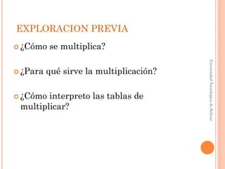 EXPLORACION PREVIA
 ¿Cómo   se multiplica?




                                         Universidad Tecnologica de Bolívar
 ¿Para   qué sirve la multiplicación?

 ¿Cómo interpreto las tablas de
 multiplicar?
 