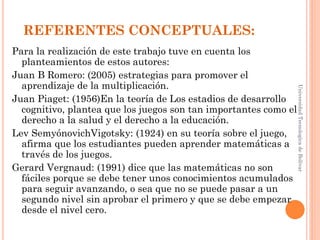 REFERENTES CONCEPTUALES:
Para la realización de este trabajo tuve en cuenta los
  planteamientos de estos autores:
Juan B Romero: (2005) estrategias para promover el
  aprendizaje de la multiplicación.




                                                                  Universidad Tecnologica de Bolívar
Juan Piaget: (1956)En la teoría de Los estadios de desarrollo
  cognitivo, plantea que los juegos son tan importantes como el
  derecho a la salud y el derecho a la educación.
Lev SemyónovichVigotsky: (1924) en su teoría sobre el juego,
  afirma que los estudiantes pueden aprender matemáticas a
  través de los juegos.
Gerard Vergnaud: (1991) dice que las matemáticas no son
  fáciles porque se debe tener unos conocimientos acumulados
  para seguir avanzando, o sea que no se puede pasar a un
  segundo nivel sin aprobar el primero y que se debe empezar
  desde el nivel cero.
 