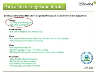 Para além da regulamentação
Buildings in the United States have a significant impact on the environment and account for:

     Energy:
     • 37% of primary energy use
     • 68% of all electricity use

     Materials Use:
     • 60% of non-food/fuel raw materials use

     Waste
     • 40% of non-industrial solid waste4 or 136 million tons of CDW per year
     • 31%of mercury in municipal solid waste

     Water
     • 12% of potable water use
     • 36 billion gal/day of water (137 milhões L/dia)
     • 20% loss of potable water in many urban systems due to leakage

     Air Quality
     • 35% of carbon dioxide emissions
     • 49% of sulfur dioxide emissions
     • 25% of nitrous oxide emissions
     • 10% of particulate matter emissions
                                                                                         EPA, USA
 