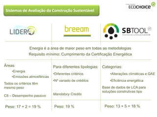 Sistemas de Avaliação da Construção Sustentável




                Energia é a área de maior peso em todas as metodologias
                Requisito mínimo: Cumprimento da Certificação Energética

Áreas:                        Para diferentes tipologias: Categorias:
     •Energia
                              •Diferentes critérios           •Alterações climáticas e QAE
     •Emissões atmosféricas
                              •Nº variado de créditos         •Eficiência energética
Todos os critérios têm
mesmo peso                                               Base de dados de LCA para
                                                         soluções construtivas tipo
C8 – Desempenho passivo       Mandatory Credits


Peso: 17 + 2 = 19 %           Peso: 19 %                   Peso: 13 + 5 = 18 %
 