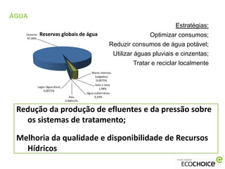 ÁGUA
                                                                                     Estratégias:
   Oceanos    Reservas globais de água                                     Optimizar consumos;
   97,40%

                                                           Reduzir consumos de água potável;
                                                            Utilizar águas pluviais e cinzentas;
                                                                     Tratar e reciclar localmente
                                               Mares internos
                                                  (salgados)
                                                   0,0075%
                                                  Gelo e neve
             Lagos (água doce)
                                                     1,98%
                 0,0072%
                                            Água subterrânea
                                    Rios         0,59%
                                 0.00012%


 Redução da produção de efluentes e da pressão sobre
   os sistemas de tratamento;

 Melhoria da qualidade e disponibilidade de Recursos
   Hídricos
 