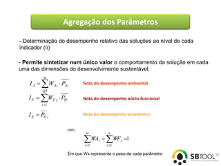 Agregação dos Parâmetros

- Determinação do desempenho relativo das soluções ao nível de cada
indicador (Ii)

- Permite sintetizar num único valor o comportamento da solução em cada
uma das dimensões do desenvolvimento sustentável.
            m
    IA   W1
           in
                  Ai    PAi          Nota do desempenho ambiental


   IF    W      Fi    PFi          Nota do desempenho sócio-funcional
           i 1

   I E  PE i                         Nota do desempenho económico


                               com,
                                       m           n

                                      WA  WF
                                       i 1
                                              i
                                                  i 1
                                                         i   1

                               Em que Wx representa o peso de cada parâmetro
 