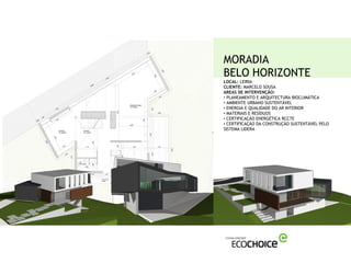 MORADIA
BELO HORIZONTE
LOCAL: LEIRIA
CLIENTE: MARCELO SOUSA
AREAS DE INTERVENÇÃO:
• PLANEAMENTO E ARQUITECTURA BIOCLIMÁTICA
• AMBIENTE URBANO SUSTENTÁVEL
• ENERGIA E QUALIDADE DO AR INTERIOR
• MATERIAIS E RESÍDUOS
• CERTIFICAÇÃO ENERGÉTICA RCCTE
• CERTIFICAÇÃO DA CONSTRUÇÃO SUSTENTÁVEL PELO
SISTEMA LIDERA
 