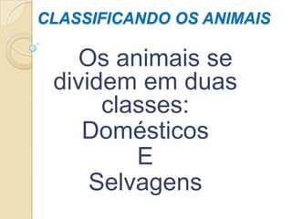 CLASSIFICANDO OS ANIMAIS

   Os animais se
 dividem em duas
      classes:
    Domésticos
         E
     Selvagens
 