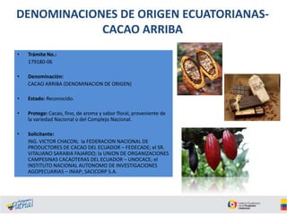 DENOMINACIONES DE ORIGEN ECUATORIANASCACAO ARRIBA
•

Trámite No.:
179180-06

•

Denominación:
CACAO ARRIBA (DENOMINACION DE ORIGEN)

•

Estado: Reconocido.

•

Protege: Cacao, fino, de aroma y sabor floral, proveniente de
la variedad Nacional o del Complejo Nacional.

•

Solicitante:
ING. VICTOR CHACON; la FEDERACION NACIONAL DE
PRODUCTORES DE CACAO DEL ECUADOR – FEDECADE; el SR.
VITALIANO SARABIA FAJARDO; la UNION DE ORGANIZACIONES
CAMPESINAS CACAOTERAS DEL ECUADOR – UNOCACE; el
INSTITUTO NACIONAL AUTONOMO DE INVESTIGACIONES
AGOPECUARIAS – INIAP; SACICORP S.A.

 