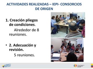 ACTIVIDADES REALIZADAS – IEPI- CONSORCIOS
DE ORIGEN

1. Creación pliegos
de condiciones.
Alrededor de 8
reuniones.
• 2. Adecuación y
revisión.
5 reuniones.

 