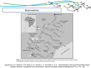 Reservatórios




Agostinho, A. A., Pelicice, F. M., Petry, A. C., Gomes, L. C. and Júlio Jr., H. F. , 'Fish diversity in the upper Paraná River basin:
       habitats, fisheries, management and conservation', Aquatic Ecosystem Health & Management, 10:2, 174 - 186
 