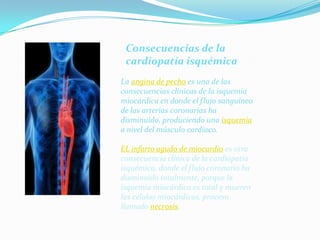 Consecuencias de la cardiopatía isquémicaLa angina de pecho es una de las consecuencias clínicas de la isquemia miocárdica en donde el flujo sanguíneo de las arterias coronarias ha disminuido, produciendo una isquemia a nivel del músculo cardíaco.EL infarto agudo de miocardio es otra consecuencia clínica de la cardiopatía isquémica, donde el flujo coronario ha disminuido totalmente, porque la isquemia miocárdica es total y mueren las células miocárdicas, proceso llamado necrosis,