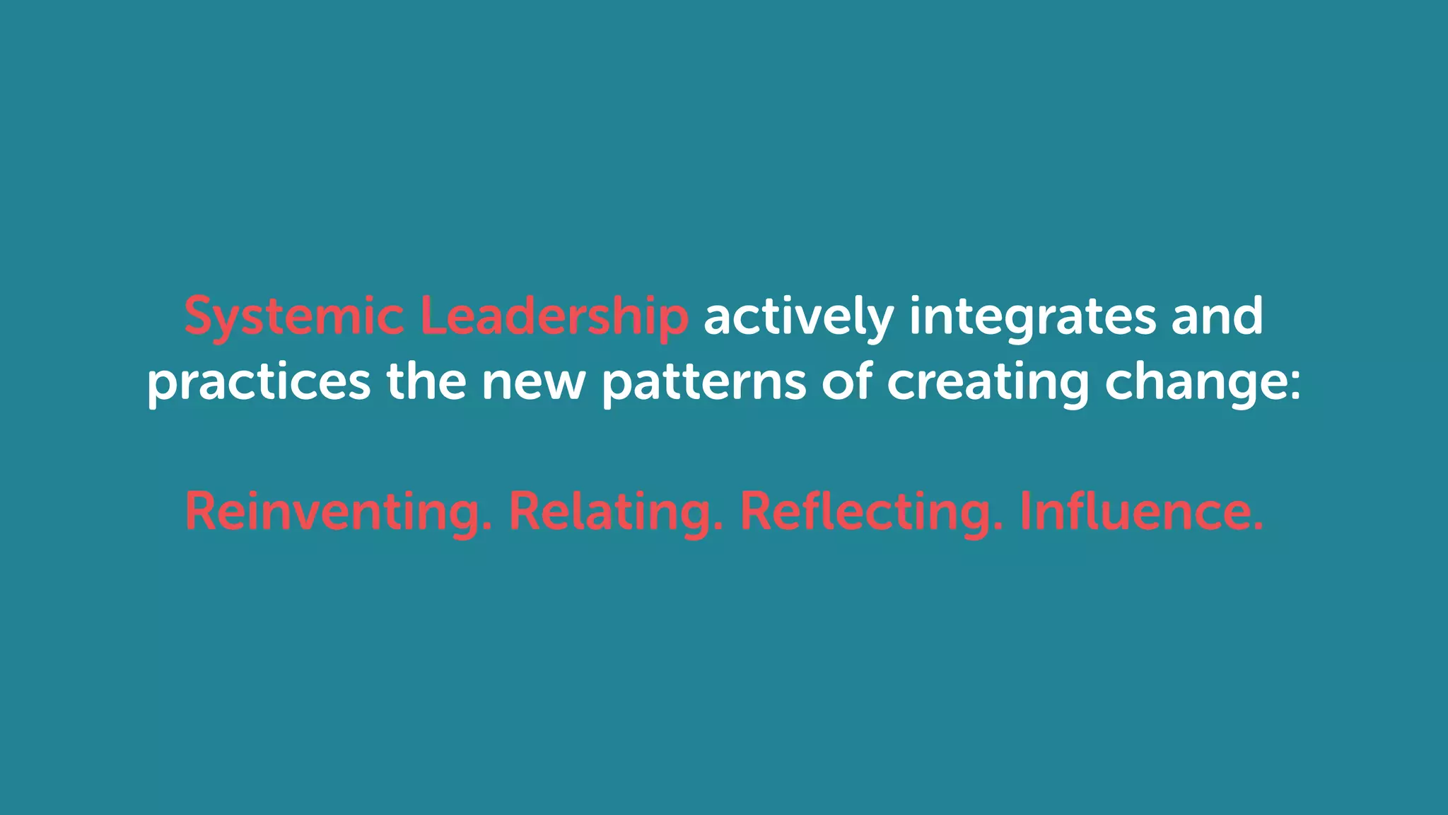 Systemic Leadership actively integrates and
practices the new patterns of creating change:
Reinventing. Relating. Reflecting. Influence.
 