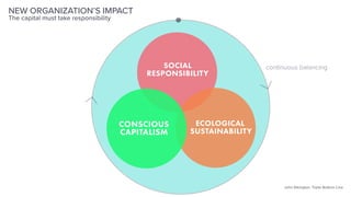 continuous balancingSOCIAL
RESPONSIBILITY
ECOLOGICAL
SUSTAINABILITY
CONSCIOUS
CAPITALISM
NEW ORGANIZATION’S IMPACT
The capital must take responsibility
John Elkington: Triple Bottom Line
 