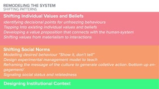 Shifting Social Norms
Modelling desired behaviour “Show it, don’t tell”
Design experimental management model to teach
Reframing the message of the culture to generate colletive action /bottom up en-
gagement/
Signaling social status and relatedness
Designing Institutional Context
REMODELING THE SYSTEM
SHIFTING PATTERNS
Shifting Individual Values and Beliefs
Identifying decisional points for unfreezing behaviours
Tapping Into existing individual values and beliefs
Developing a value proposition that connects with the human-system
Shifting values from materialism to interactions
 