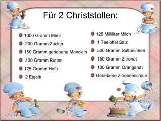 Für 2 Christstollen:

1000 Gramm Mehl               125 Milliliter Milch

200 Gramm Zucker              1 Teeloffel Salz

150 Gramm geriebene Mandeln   500 Gramm Sultaninnen

400 Gramm Butter              150 Gramm Zitronat

125 Gramm Hefe                100 Gramm Orangenat

2 Eigelb                      Geriebene Zitronenschale
 