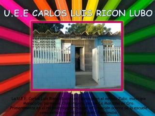 La U.E.E. Carlos Luís Rincón Lubo está ubicada en el estado Zulia, municipio
       Maracaibo, parroquia Chiquinquira, sector La Manzana de Oro.
Primeramente en el rol investigador busque información acerca de la escuela
                 como estaba distribuida y como funcionaba.
 