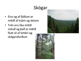 Skógar Eins og af fjöllum er mikið af trjám og skóum Trén eru líka mikið notuð og það er mikið flutt út af timbri og skógarafurðum 