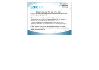 LGR 11
            Skolan ansvarar för att varje elev:
”Kan lära, utforska och arbeta både självständigt och tillsammans med andra och känna
tillit till sin egen förmåga” (Lgr 11 s. 9).

”Eleverna ska kunna orientera sig i en komplex verklighet, med ett stort
informationsﬂöde och en snabb förändringstakt. Studiefärdigheter och metoder att
tillägna sig och använda ny kunskap blir därför viktiga” (Lgr 11 s.5) .
”Utvecklar förmågan att själv bedöma sina resultat och ställa egen och andras
bedömning i relation till de egna arbetsprestationerna och förutsättningarna ”(Lgr 11 s.
15).
”Skolan ska ansvara för att varje elev efter genomgången grundskola kan använda
modern teknik som ett verktyg för kunskapssökande, kommunikation, skapande och
lärande” (Långsiktiga målen s.14).
 