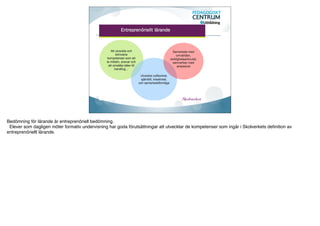 Bedömning för lärande är entreprenöriell bedömning.
 Elever som dagligen möter formativ undervisning har goda förutsättningar att utvecklar de kompetenser som ingår i Skolverkets deﬁnition av
entreprenöriellt lärande. 
 