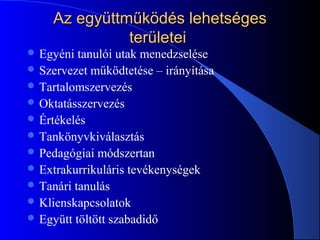 Az együttműködés lehetségesAz együttműködés lehetséges
területeiterületei
 Egyéni tanulói utak menedzselése
 Szervezet működtetése – irányítása
 Tartalomszervezés
 Oktatásszervezés
 Értékelés
 Tankönyvkiválasztás
 Pedagógiai módszertan
 Extrakurrikuláris tevékenységek
 Tanári tanulás
 Klienskapcsolatok
 Együtt töltött szabadidő
 