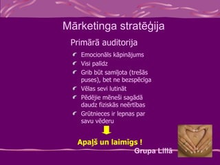 Primārā auditorija Mārketinga stratēģija Emocionāls kāpinājums Visi palīdz Grib būt samīļota (trešās puses), bet ne bezspēcīga Vēlas sevi lutināt Pēdējie mēneši sagādā daudz fiziskās neērtības Grūtnieces ir lepnas par savu vēderu Apaļš un laimīgs ! Grupa Lillā 