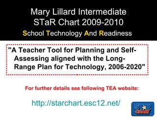 Mary Lillard Intermediate STaR Chart 2009-2010 S chool  T echnology  A nd  R eadiness   "A Teacher Tool for Planning and Self-Assessing aligned with the Long-Range Plan for Technology, 2006-2020" For further details see following TEA website: http://starchart.esc12.net/ 