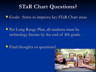 STaR Chart Questions? Goals:  Strive to improve key STaR Chart areas Per Long-Range Plan, all students must be technology literate by the end of 8th grade . Final thoughts or questions? 