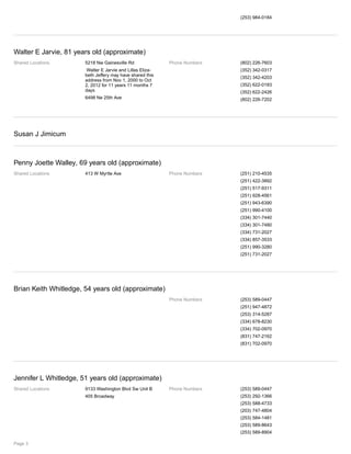 (253) 984-0184
Walter E Jarvie, 81 years old (approximate)
Shared Locations 5218 Nw Gainesville Rd
Walter E Jarvie and Lillas Eliza-
beth Jeffery may have shared this
address from Nov 1, 2000 to Oct
2, 2012 for 11 years 11 months 7
days
6498 Ne 25th Ave
Phone Numbers (802) 226-7603
(352) 342-0317
(352) 342-4203
(352) 622-0183
(352) 622-2426
(802) 226-7202
Susan J Jimicum
Penny Joette Walley, 69 years old (approximate)
Shared Locations 413 W Myrtle Ave Phone Numbers (251) 210-4535
(251) 422-3892
(251) 517-9311
(251) 928-4561
(251) 943-6390
(251) 990-4100
(334) 301-7440
(334) 301-7480
(334) 731-2027
(334) 857-3533
(251) 990-3280
(251) 731-2027
Brian Keith Whitledge, 54 years old (approximate)
Phone Numbers (253) 589-0447
(251) 947-4872
(253) 314-5287
(334) 678-8230
(334) 702-0970
(831) 747-2162
(831) 702-0970
Jennifer L Whitledge, 51 years old (approximate)
Shared Locations 9133 Washington Blvd Sw Unit B
405 Broadway
Phone Numbers (253) 589-0447
(253) 292-1366
(253) 588-4733
(203) 747-4804
(253) 584-1481
(253) 589-8643
(253) 589-8904
Page 3
 