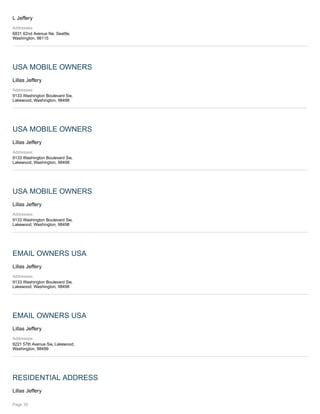 L Jeffery
Addresses:
6831 62nd Avenue Ne, Seattle,
Washington, 98115
USA MOBILE OWNERS
Lillas Jeffery
Addresses:
9133 Washington Boulevard Sw,
Lakewood, Washington, 98498
USA MOBILE OWNERS
Lillas Jeffery
Addresses:
9133 Washington Boulevard Sw,
Lakewood, Washington, 98498
USA MOBILE OWNERS
Lillas Jeffery
Addresses:
9133 Washington Boulevard Sw,
Lakewood, Washington, 98498
EMAIL OWNERS USA
Lillas Jeffery
Addresses:
9133 Washington Boulevard Sw,
Lakewood, Washington, 98498
EMAIL OWNERS USA
Lillas Jeffery
Addresses:
9221 57th Avenue Sw, Lakewood,
Washington, 98499
RESIDENTIAL ADDRESS
Lillas Jeffery
Page 30
 