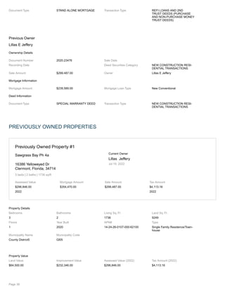 Document Type STAND ALONE MORTGAGE Transaction Type REFI LOANS AND 2ND
TRUST DEEDS (PURCHASE
AND NON-PURCHASE MONEY
TRUST DEEDS)
Previous Owner
Lillas E Jeffery
Ownership Details
Document Number 2020.23476 Sale Date
Recording Date Deed Securities Category NEW CONSTRUCTION RESI-
DENTIAL TRANSACTIONS
Sale Amount $299,487.00 Owner Lillas E Jeffery
Mortgage Information
Mortgage Amount $239,589.00 Mortgage Loan Type New Conventional
Deed Information
Document Type SPECIAL WARRANTY DEED Transaction Type NEW CONSTRUCTION RESI-
DENTIAL TRANSACTIONS
PREVIOUSLY OWNED PROPERTIES
Previously Owned Property #1
Sawgrass Bay Ph 4a
16386 Yelloweyed Dr
Clermont, Florida, 34714
3 beds | 2 baths | 1736 sq/ft
Current Owner
Lillas Jeffery
Jul 19, 2022
Assessed Value
$296,846.00
2022
Mortgage Amount
$354,470.00
Sale Amount
$299,487.00
Tax Amount
$4,113.16
2022
Property Details
Bedrooms
3
Bathrooms
2
Living Sq. Ft
1736
Land Sq. Ft
9249
Floors
1
Year Built
2020
APN#
14-24-26-0107-000-62100
Type
Single Family Residence/Town-
house
Municipality Name
County District5
Municipality Code
Gl05
Property Value
Land Value
$64,500.00
Improvement Value
$232,346.00
Assessed Value (2022)
$296,846.00
Tax Amount (2022)
$4,113.16
Page 38
 