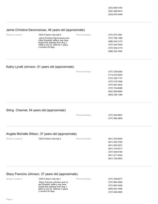 (253) 984-0184
(352) 288-0914
(253) 678-3448
Jamie Christine Daconceicao, 46 years old (approximate)
Shared Locations 1520 N Saturn Ave Apt 6
Jamie Christine Daconceicao and
Lillas Elizabeth Jeffery may have
shared this address from Aug 1,
1998 to Oct 23, 2005 for 7 years
2 months 25 days
Phone Numbers (727) 873-7981
(727) 768-1288
(586) 544-3174
(727) 535-7953
(727) 544-3174
(586) 535-7953
Kathy Lynell Johnson, 51 years old (approximate)
Phone Numbers (727) 726-8350
(713) 675-0205
(727) 328-1147
(727) 518-7928
(727) 657-5224
(727) 724-6086
(832) 582-6694
(803) 238-1368
Siting Channel, 54 years old (approximate)
Phone Numbers (727) 545-5837
(727) 585-3859
Angela Michelle Wilson, 37 years old (approximate)
Shared Locations 1520 N Saturn Ave Apt 2 Phone Numbers (941) 423-9440
(941) 536-7040
(941) 830-3031
(941) 316-9317
(727) 504-6160
(941) 371-0324
(941) 726-3633
Stacy Francine Johnson, 37 years old (approximate)
Shared Locations 1520 N Saturn Ave Apt 1
Stacy Francine Johnson and Lil-
las Elizabeth Jeffery may have
shared this address from Aug 1,
2003 to Oct 23, 2005 for 2 years
2 months 24 days
Phone Numbers (727) 329-6277
(727) 864-2006
(727) 867-2426
(850) 633-1660
(727) 648-3905
Page 4
 