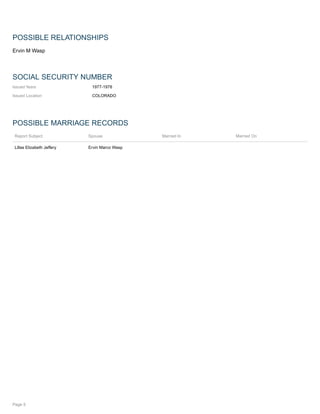 POSSIBLE RELATIONSHIPS
Ervin M Wasp
SOCIAL SECURITY NUMBER
Issued Years 1977-1978
Issued Location COLORADO
POSSIBLE MARRIAGE RECORDS
Report Subject Spouse Married In Married On
Lillas Elizabeth Jeffery Ervin Marco Wasp
Page 5
 