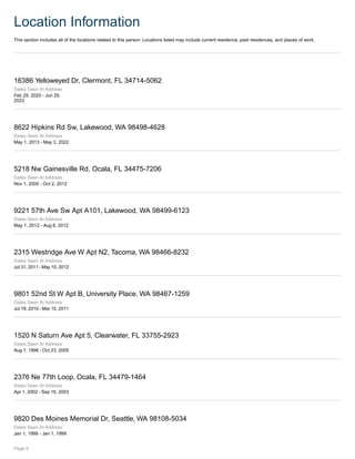 Location Information
This section includes all of the locations related to this person. Locations listed may include current residence, past residences, and places of work.
16386 Yelloweyed Dr, Clermont, FL 34714-5062
Dates Seen At Address
Feb 29, 2020 - Jun 29,
2023
8622 Hipkins Rd Sw, Lakewood, WA 98498-4628
Dates Seen At Address
May 1, 2013 - May 3, 2022
5218 Nw Gainesville Rd, Ocala, FL 34475-7206
Dates Seen At Address
Nov 1, 2000 - Oct 2, 2012
9221 57th Ave Sw Apt A101, Lakewood, WA 98499-6123
Dates Seen At Address
May 1, 2012 - Aug 6, 2012
2315 Westridge Ave W Apt N2, Tacoma, WA 98466-8232
Dates Seen At Address
Jul 31, 2011 - May 10, 2012
9801 52nd St W Apt B, University Place, WA 98467-1259
Dates Seen At Address
Jul 19, 2010 - Mar 15, 2011
1520 N Saturn Ave Apt 5, Clearwater, FL 33755-2923
Dates Seen At Address
Aug 1, 1998 - Oct 23, 2005
2376 Ne 77th Loop, Ocala, FL 34479-1464
Dates Seen At Address
Apr 1, 2002 - Sep 16, 2003
9820 Des Moines Memorial Dr, Seattle, WA 98108-5034
Dates Seen At Address
Jan 1, 1999 - Jan 1, 1999
Page 9
 